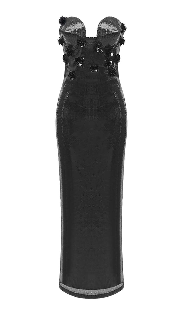 SEQUIN APPLIQUÉD MAXI DRESS IN BLACK