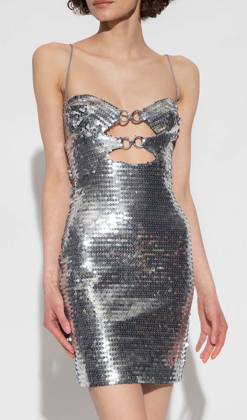 SEQUIN CUTOUT DRAPED MINI DRESS IN METALLIC SILVER