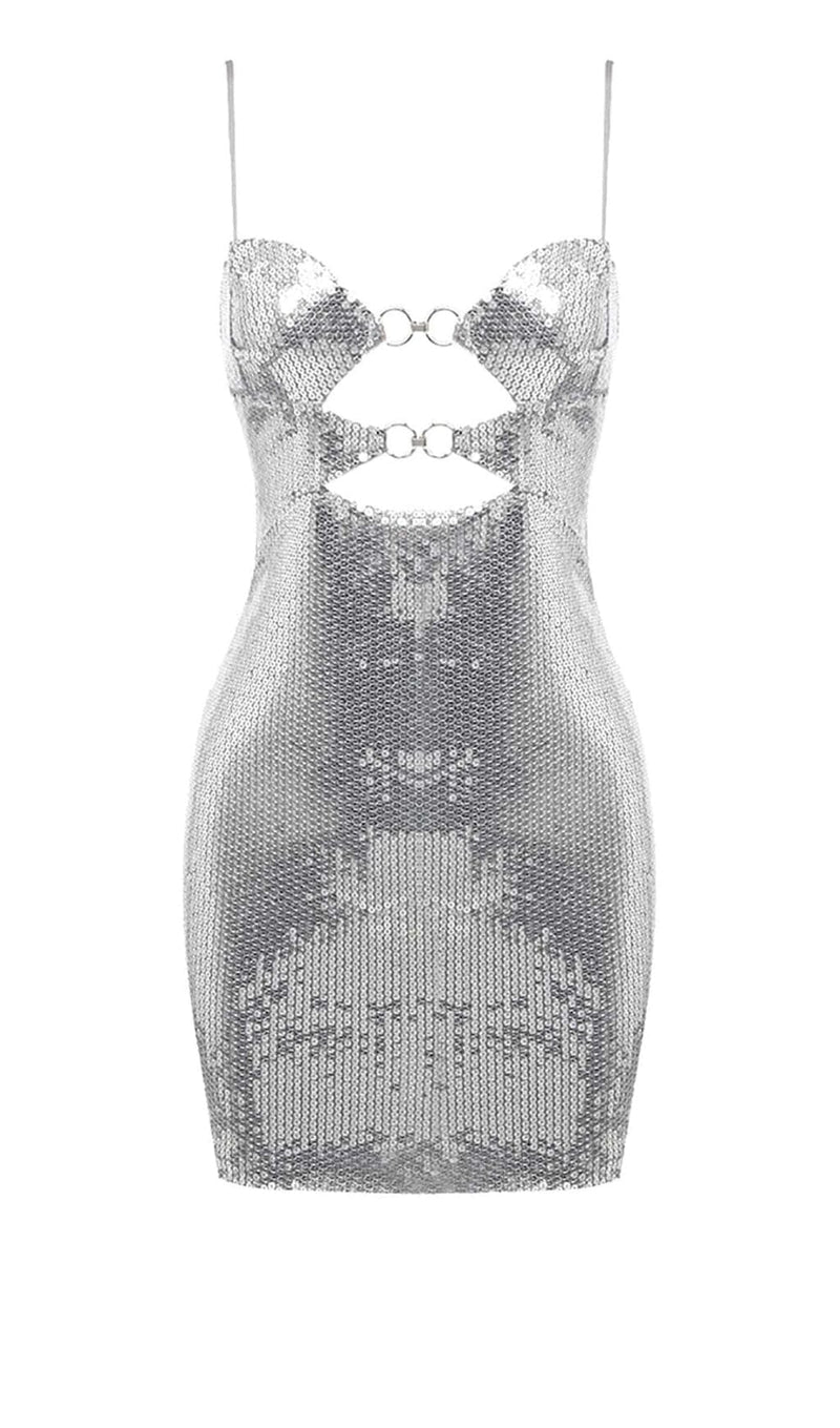 SEQUIN CUTOUT DRAPED MINI DRESS IN METALLIC SILVER