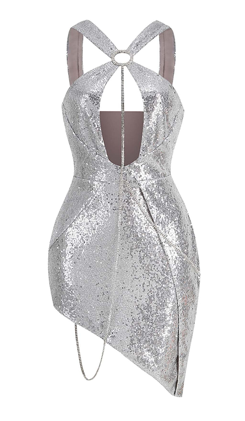 SEQUIN CUTOUT HIGH LOW DRESS IN SLIVER