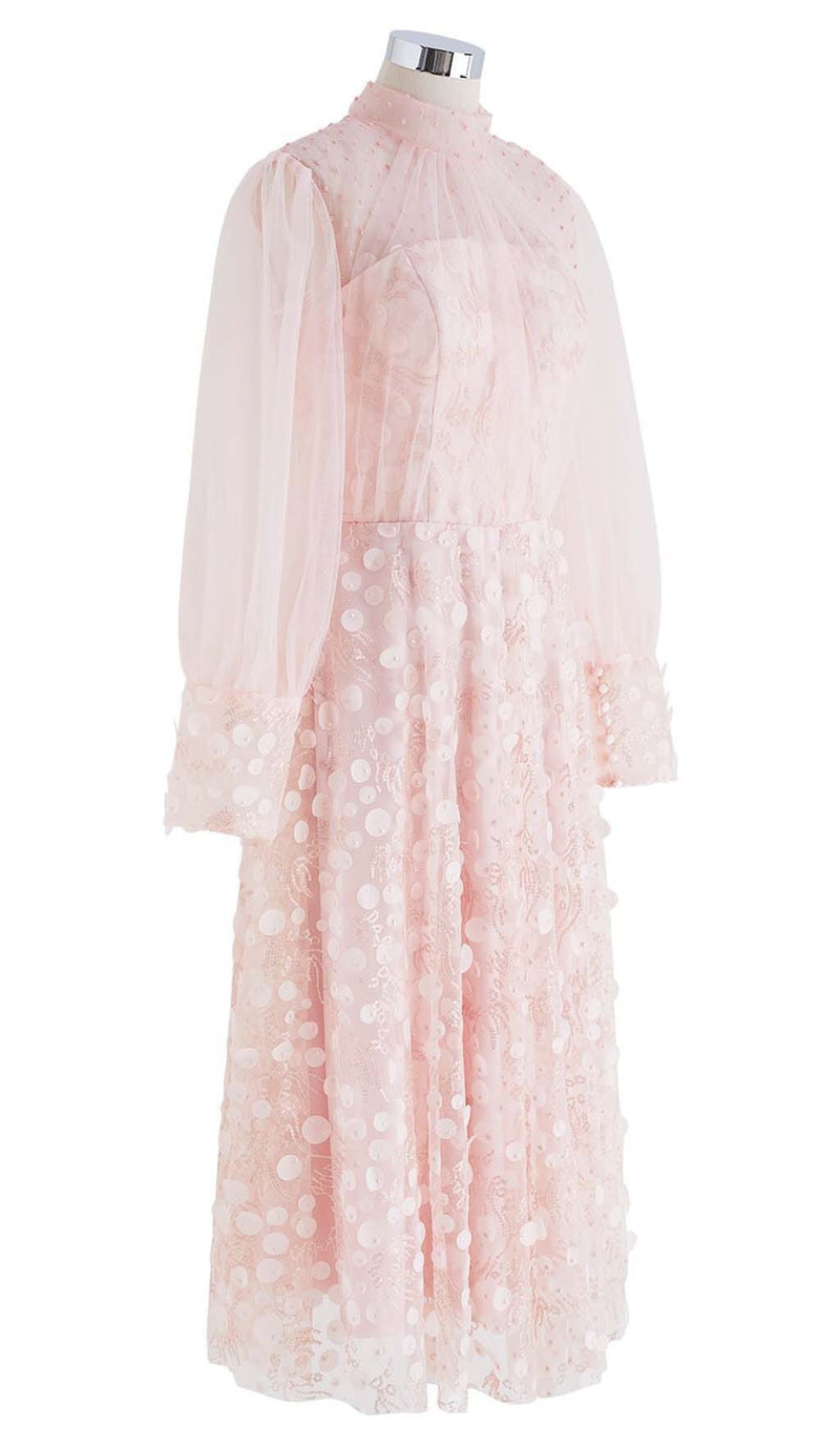 SEQUIN MESH TULLE MIDI DRESS IN PINK