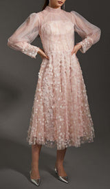 SEQUIN MESH TULLE MIDI DRESS IN PINK