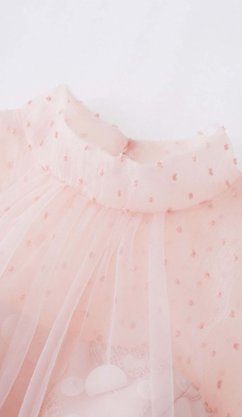 SEQUIN MESH TULLE MIDI DRESS IN PINK