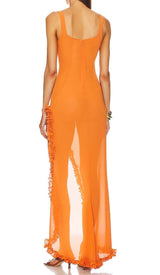 SHEER RUFFLED MAXI DRESS IN ORANGE