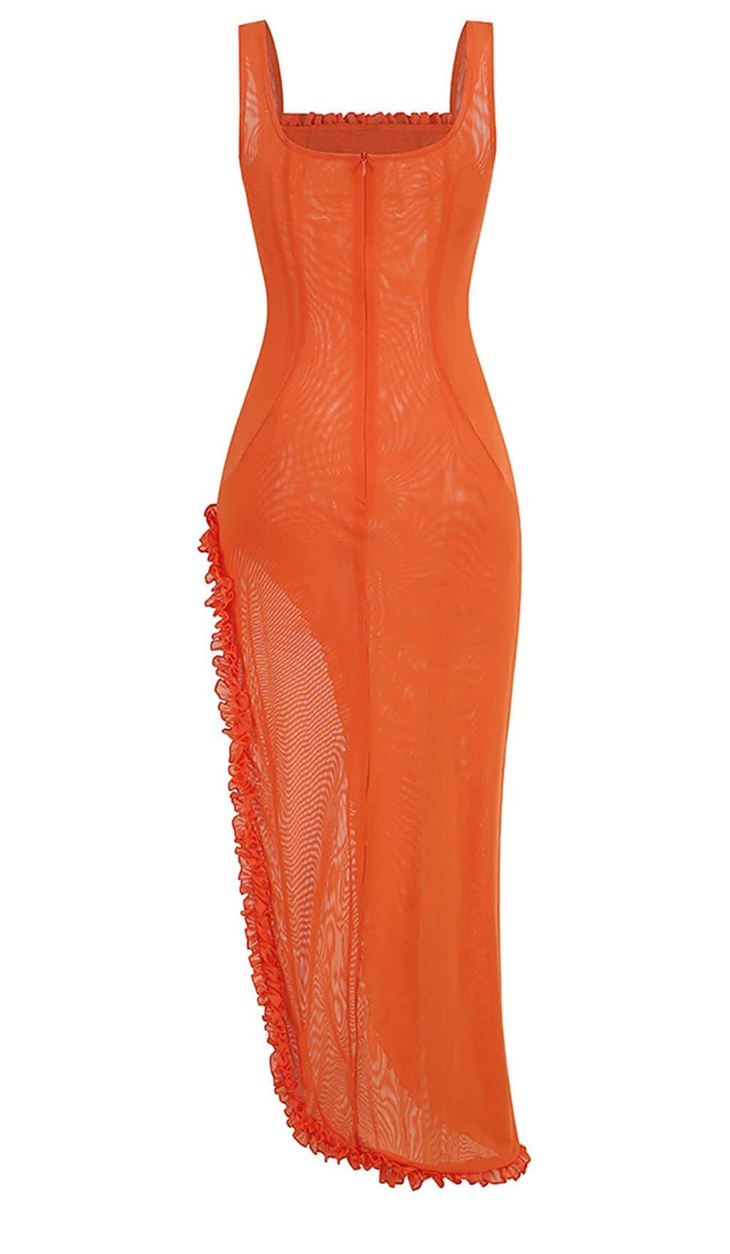 SHEER RUFFLED MAXI DRESS IN ORANGE