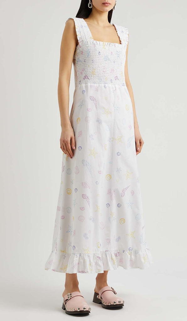SHELL-PRINT STRAP MIDI DRESS IN WHITE