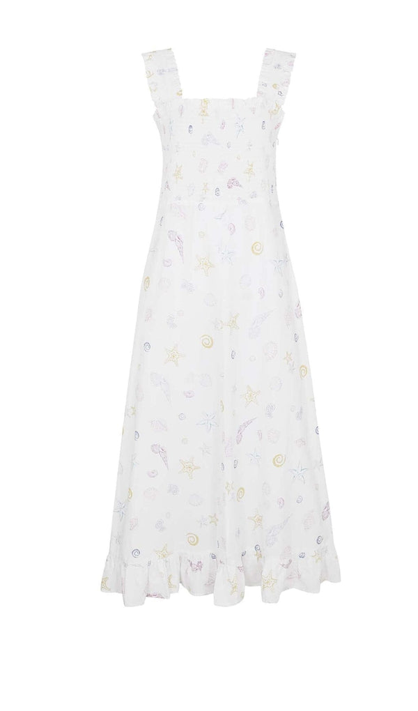 SHELL-PRINT STRAP MIDI DRESS IN WHITE