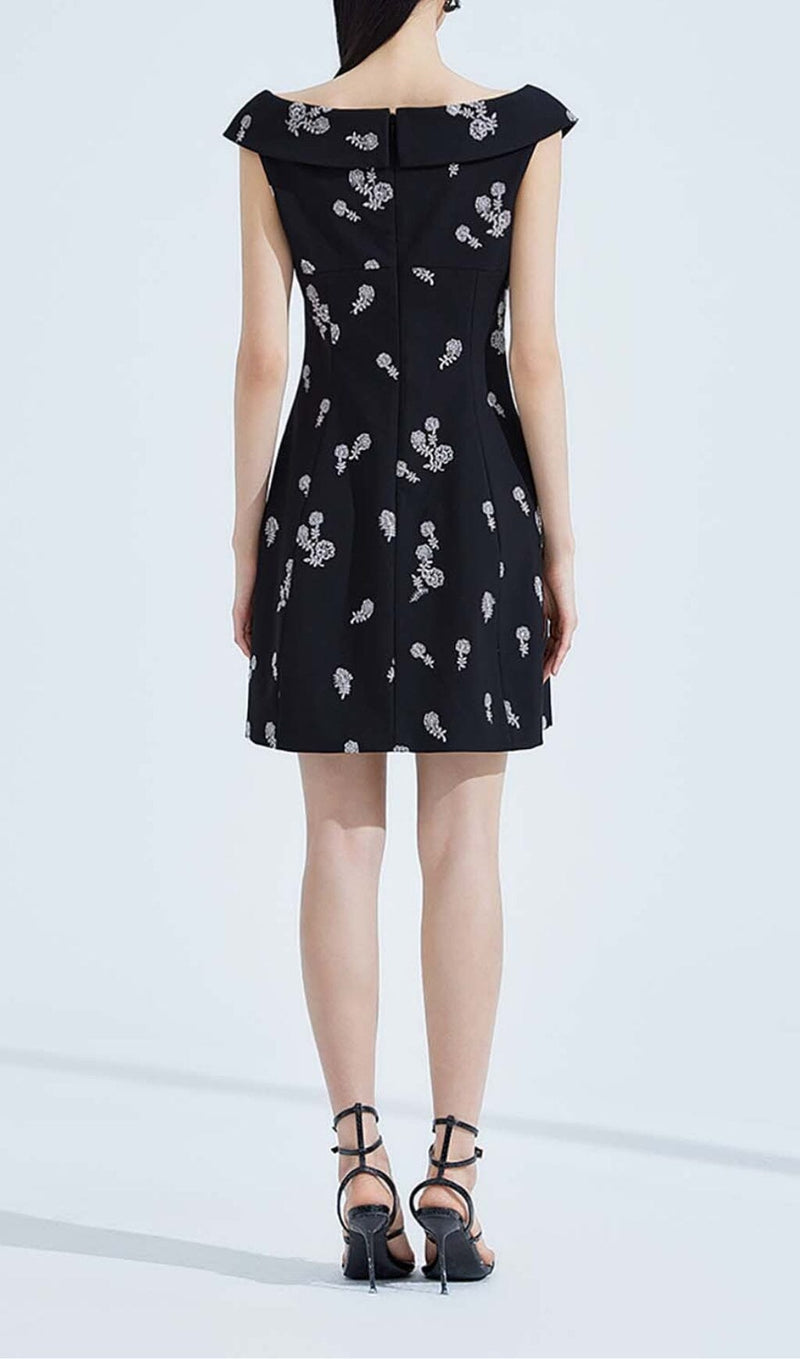 SLEEVELESS EMBROIDERED MINI DRESS IN BLACK