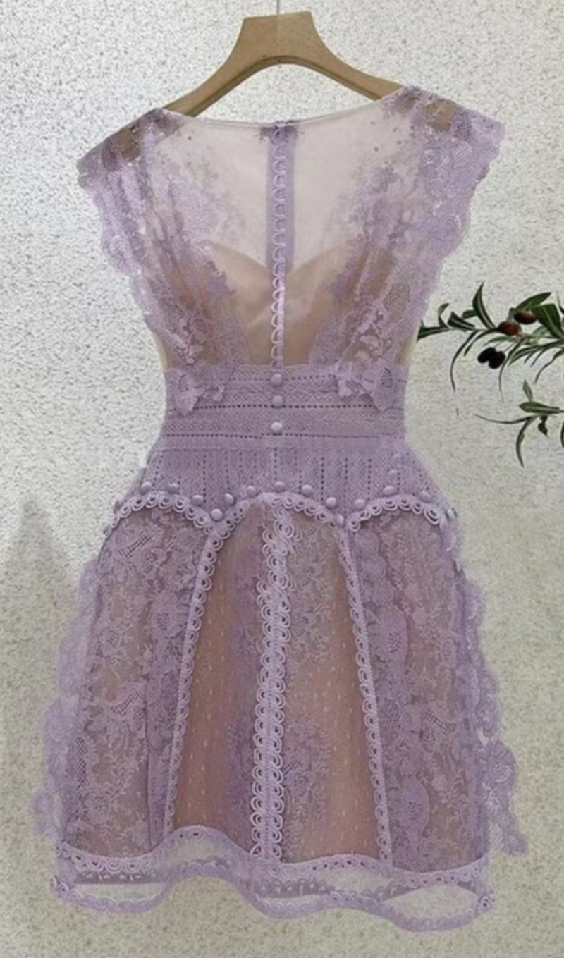 SLEEVELESS LACE A-LINE MINI DRESS IN LILAC