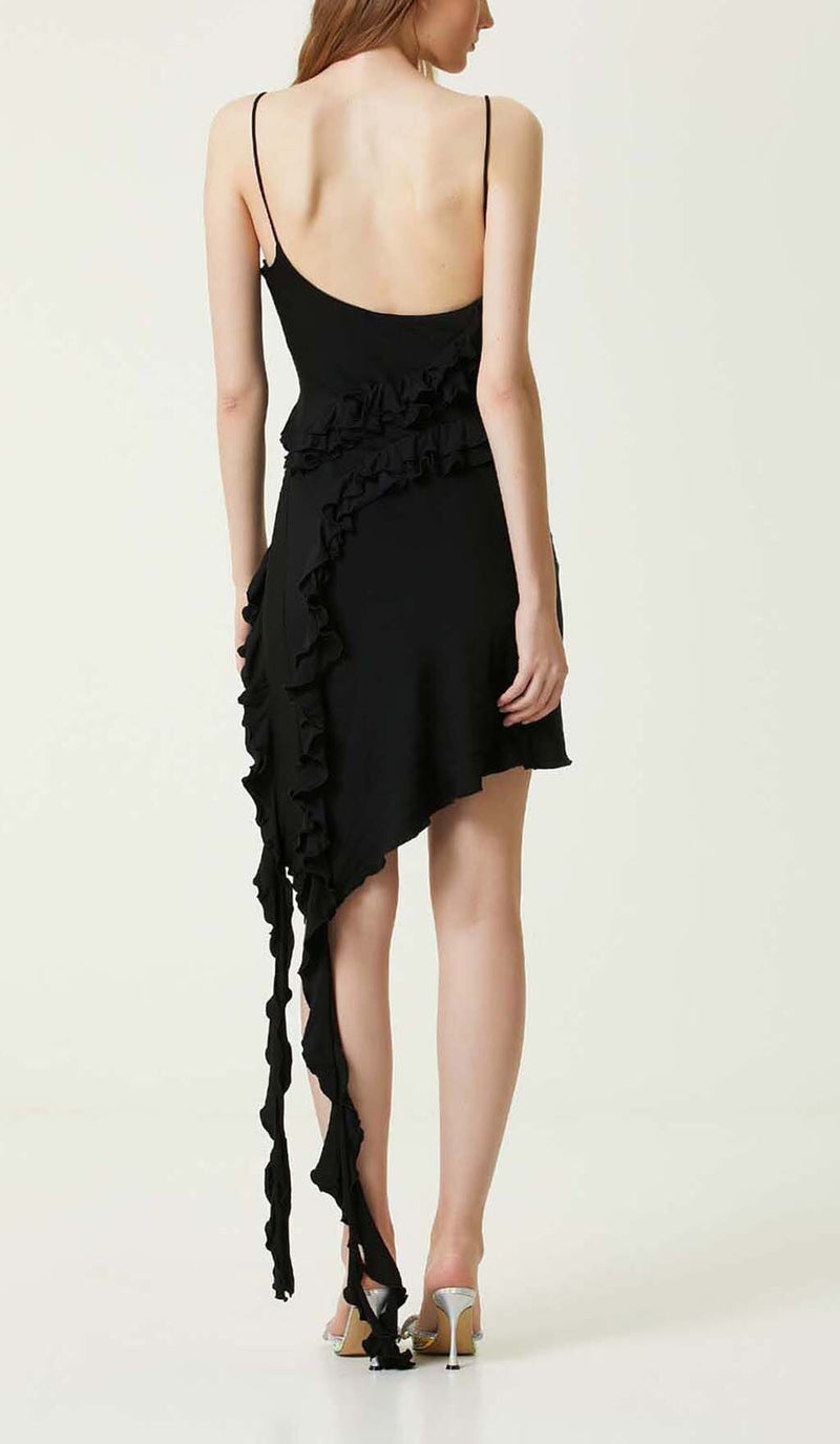 SLEEVELESS LRREGULAR RUFFLE MINI DRESS IN BLACK