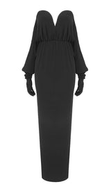 STRAPLESS DRAPED KNITTED MAXI DRESS IN NOIR