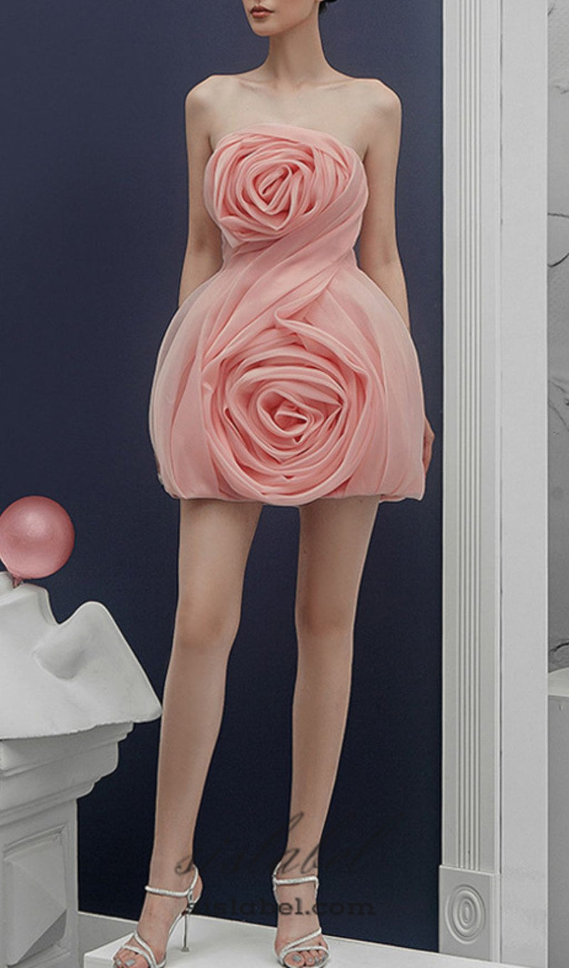 STRAPLESS 3D FLOWER MINI DRESS IN PINK