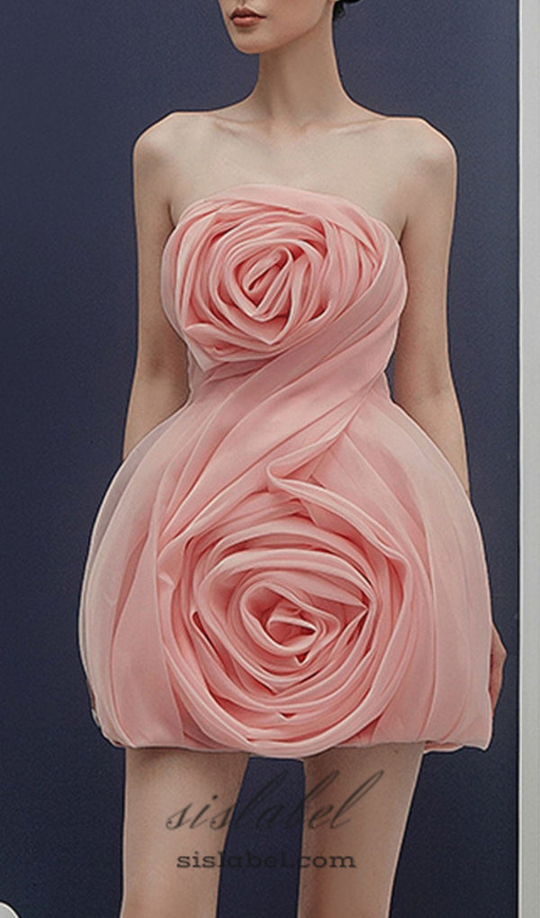 STRAPLESS 3D FLOWER MINI DRESS IN PINK