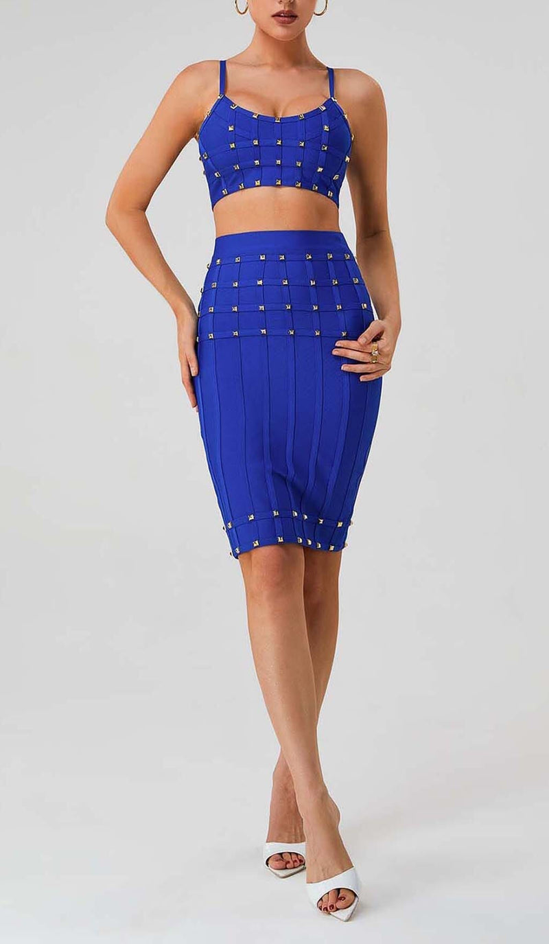 STUDDED STRAP SLEEVELESS TWO PIECE SET IN BLUE