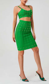 STUDDED STRAP SLEEVELESS TWO PIECE SET IN GREEN