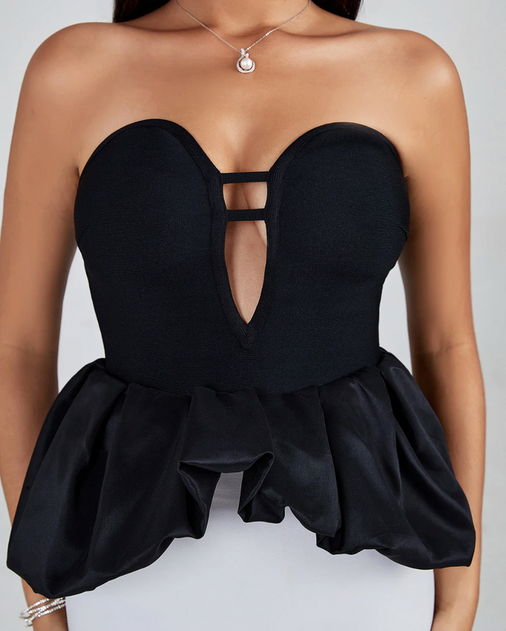 DEBORAH BLACK WHITE STRAPLESS RUFFLE BANDAGE DRESS