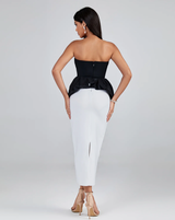 DEBORAH BLACK WHITE STRAPLESS RUFFLE BANDAGE DRESS