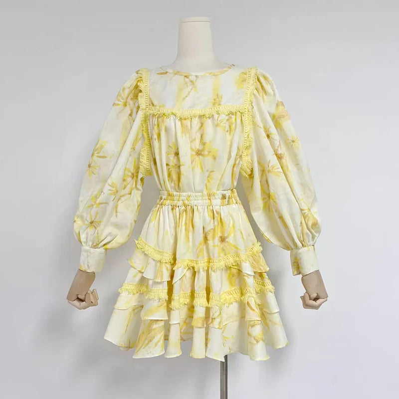 MABEL LAYER TRIM PRINT LANTERN SLEEVE MINI DRESS IN YELLOW