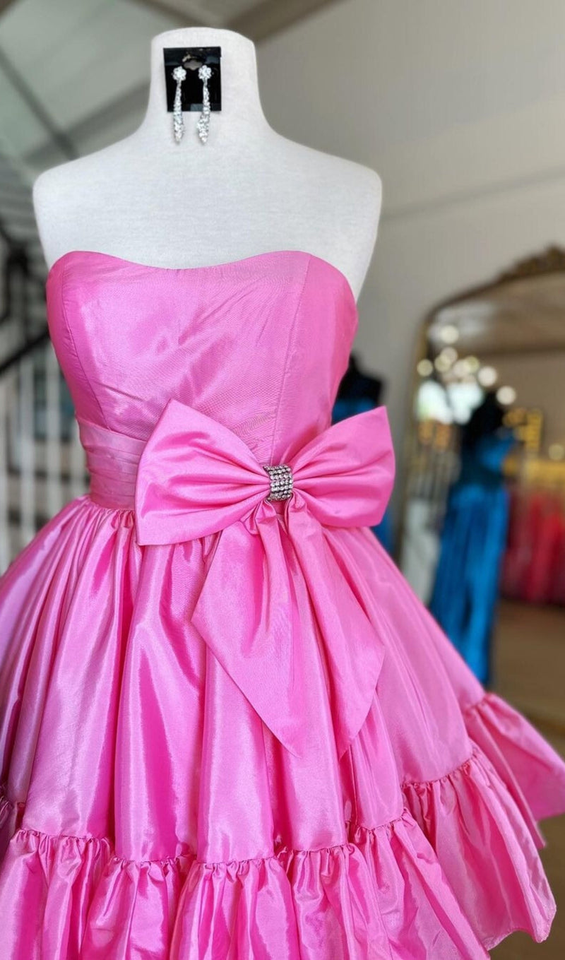 A Line Fuchsia Strapless Ruffle Short Homecoming Dress with Bow