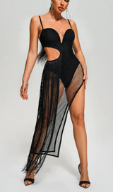 TASSEL MESH BODYSUIT MIDI DRESS IN BLACK