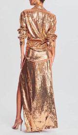THIGH SLIT GLITTER MAXI DRESS IN METALLIC GOLD