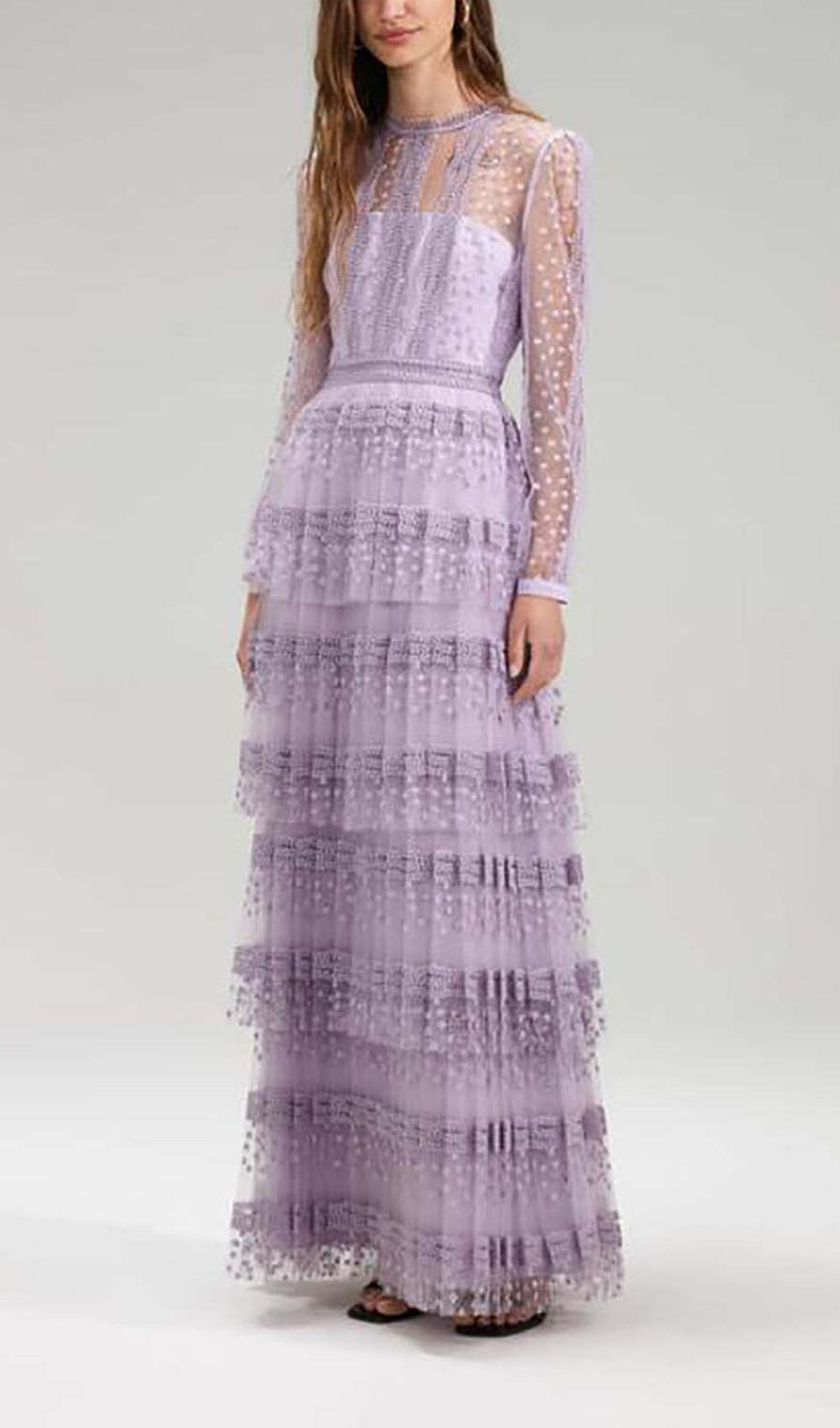 TIERED LACE MAXI DRESS IN LILAC