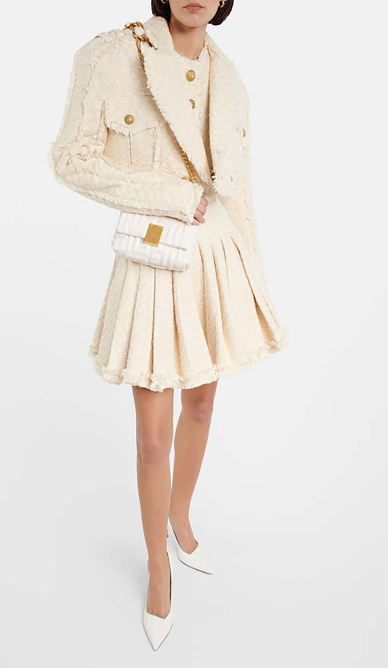 TWEED CROPPED JACKET WITH PLATED SKIRT IN LVORY