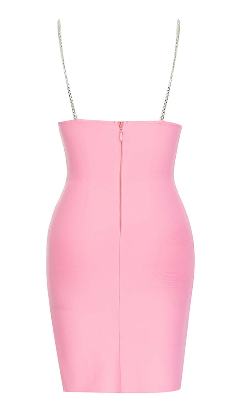 V-NECK CRYSTAL STRAP MINI DRESS IN PINK