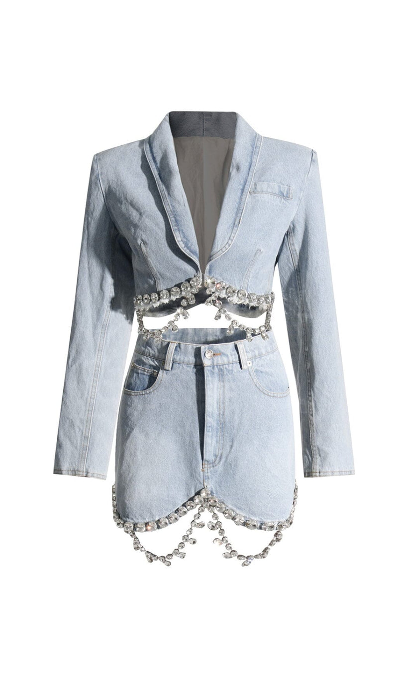 CRYSTAL FRINGE CHAIN DENIM SUIT