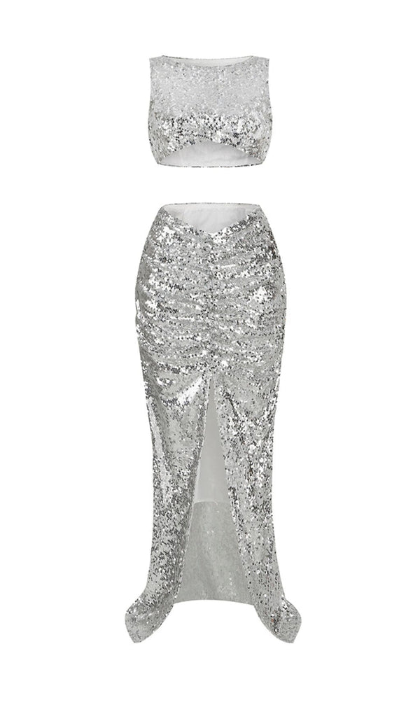 SEQUIN SLIT TWO-PIECE SUIT IN METALLIC SILVER