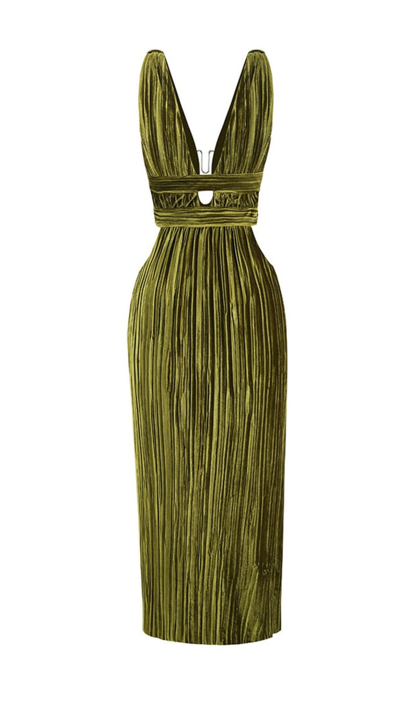 CUTOUT PLUNGE MIDI DRESS IN LIME GREEN