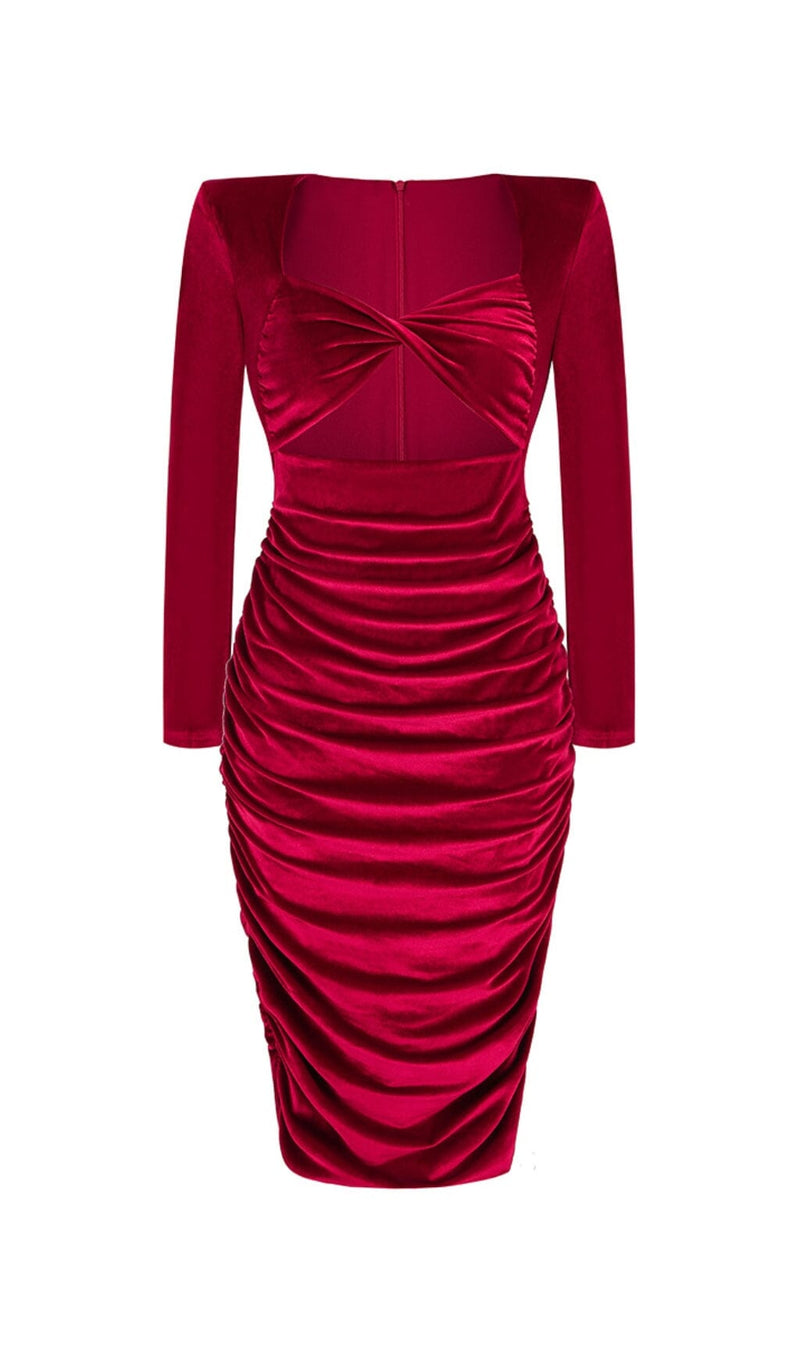 CUT OUT VELVET MIDI DRESS IN WINE