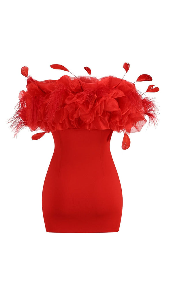 STRAPLESS PUFFY FLOWER MINI DRESS IN RED