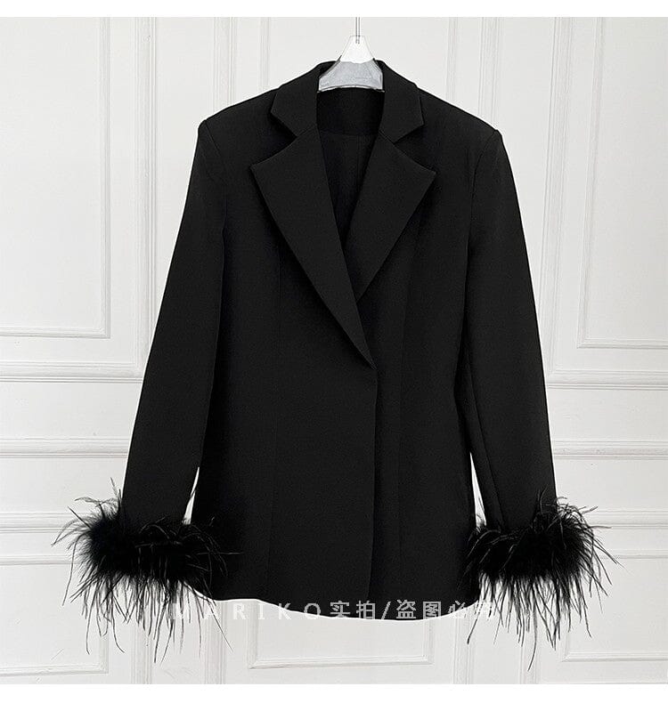 VELVET FEATHER-TRIM JACKET IN BLACK