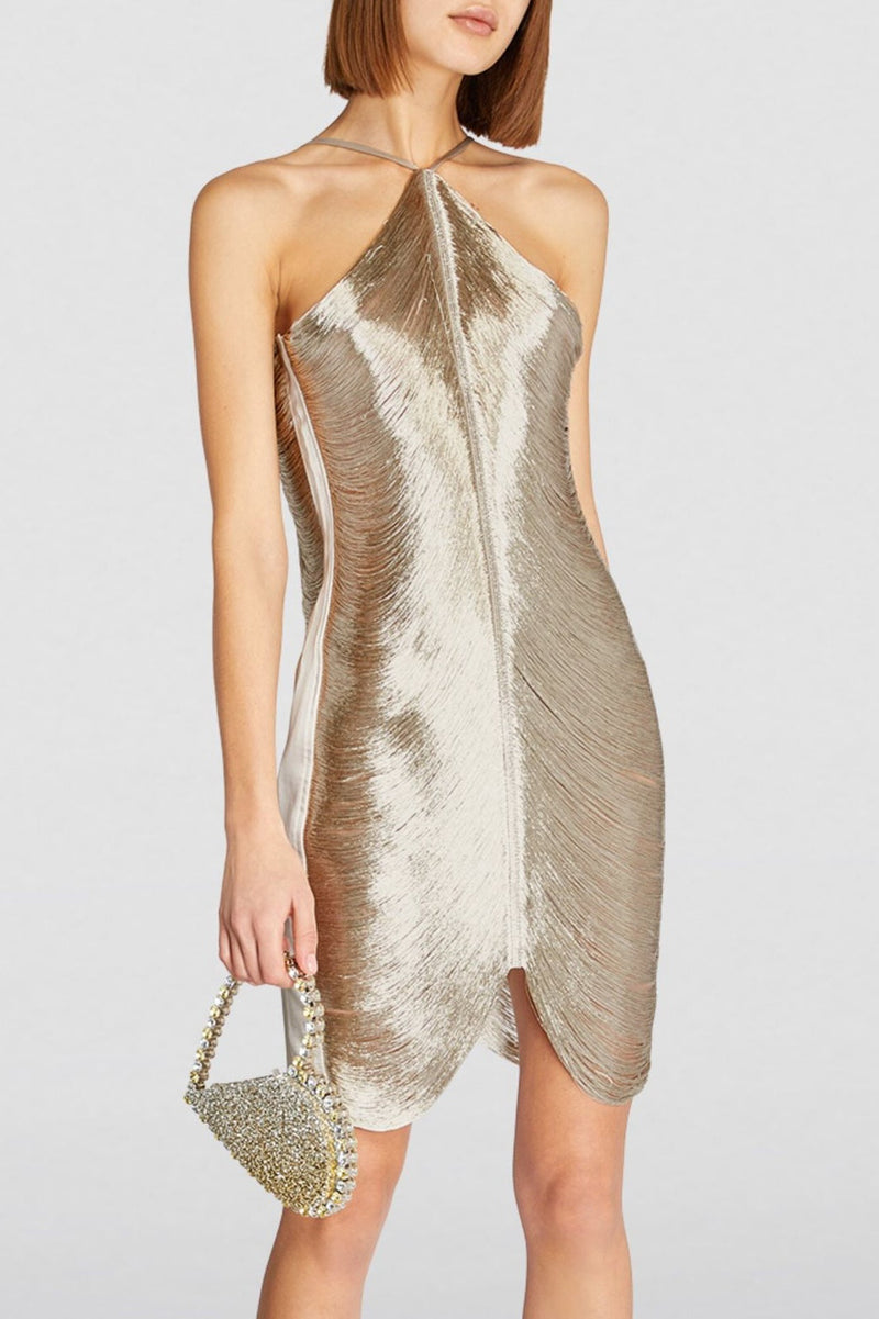 Veroty Halter Fringe Mini Dress - Silver