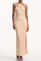 Vidonia Halter Floral Sequin Maxi Dress - Nude