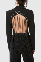 Vienna Hollow Fringe Backless Blazer in black