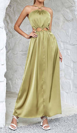 WAIST CUTOUT SATIN MAXI DRESS IN OLIVE