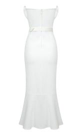 WAIST-TIGHTENING PEARL MIDI DRESS IN WHITE