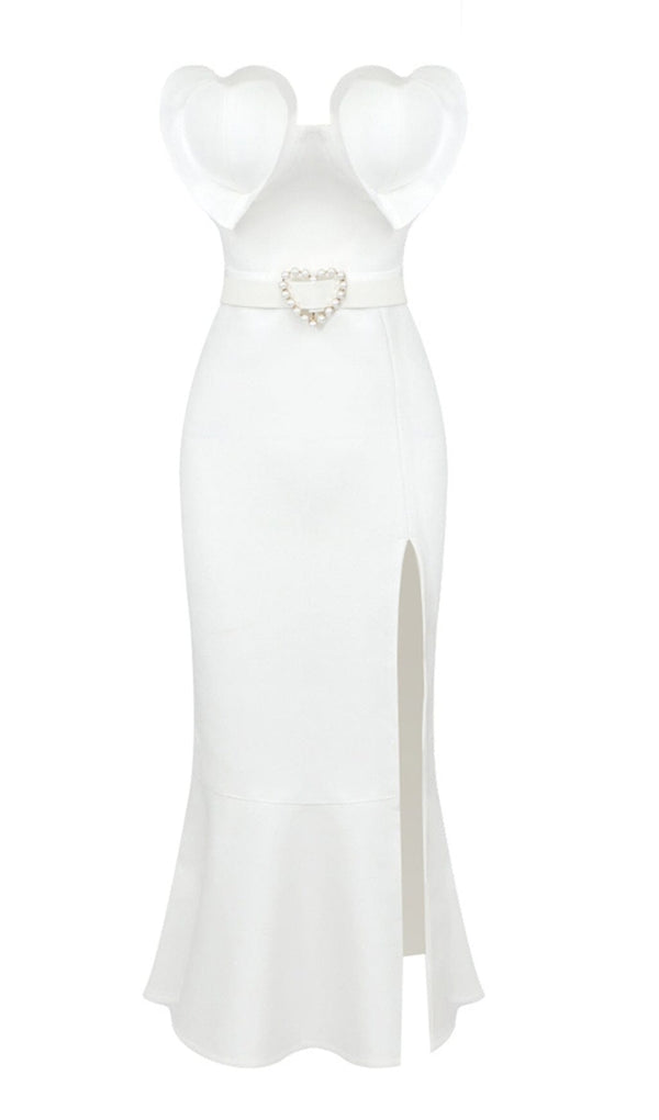 WAIST-TIGHTENING PEARL MIDI DRESS IN WHITE