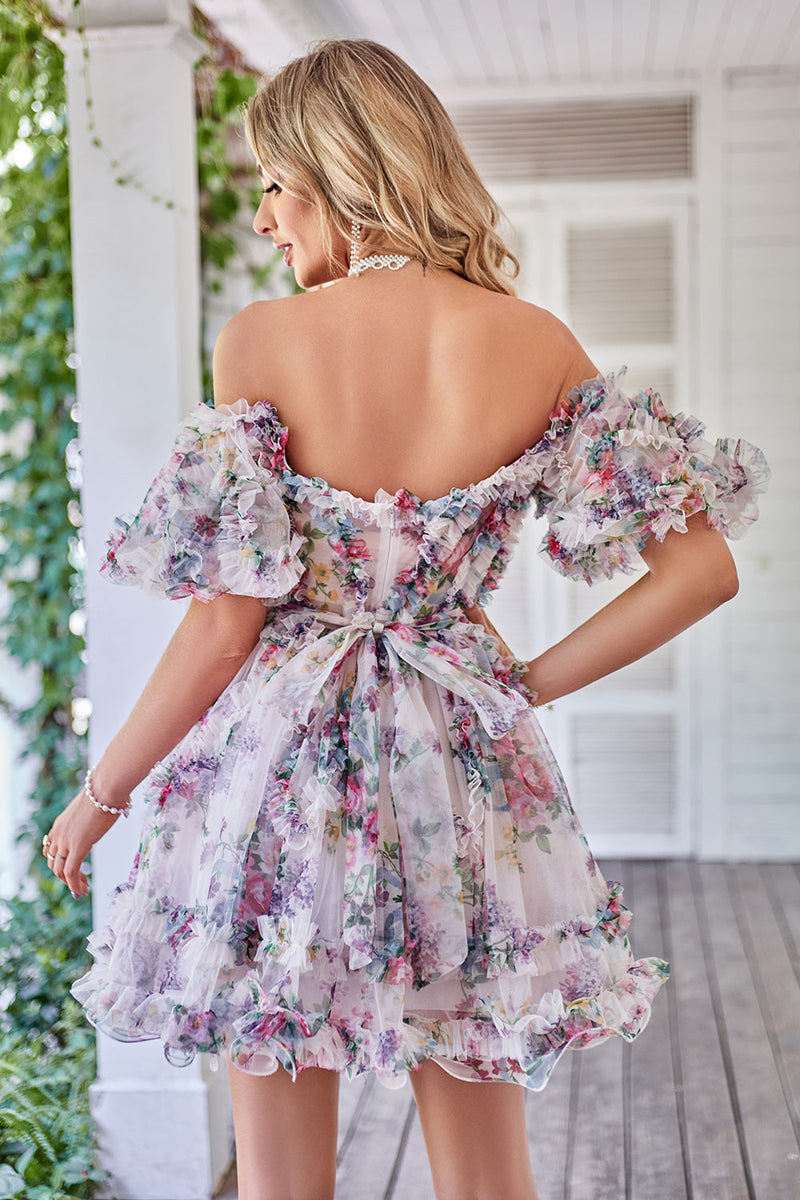 Off the Shoulder A Line Printed Cute Homecoming Dress