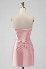 Satin Fuchsia Strapless Bodycon Homecoming Dress With Hollow