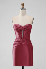 Satin Fuchsia Strapless Bodycon Homecoming Dress With Hollow