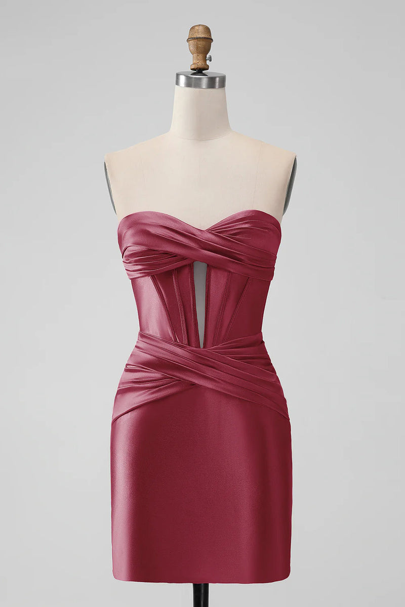 Satin Fuchsia Strapless Bodycon Homecoming Dress With Hollow