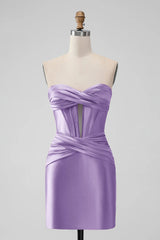 Satin Fuchsia Strapless Bodycon Homecoming Dress With Hollow