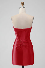 Satin Fuchsia Strapless Bodycon Homecoming Dress With Hollow