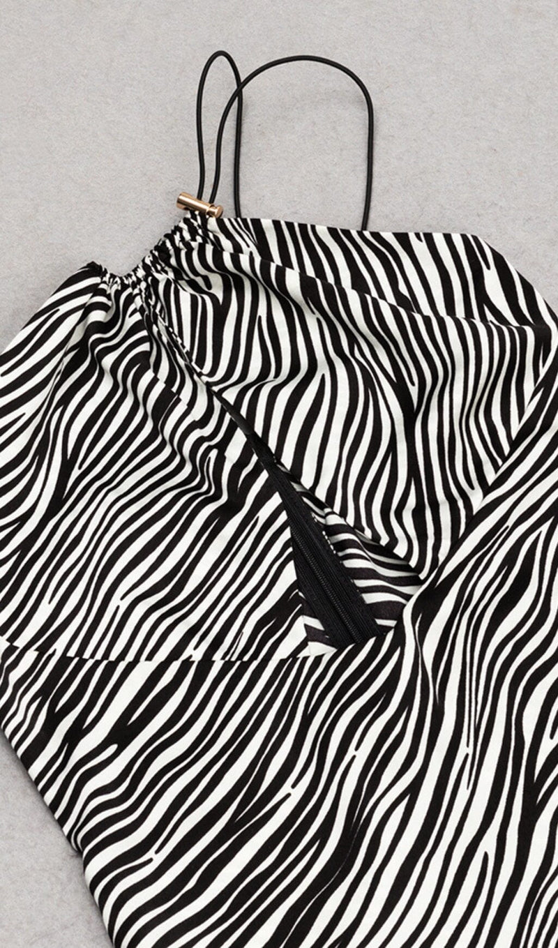 ZEBRA LINEN FEEL HALTER MIDI DRESS