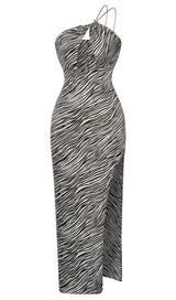 ZEBRA LINEN FEEL HALTER MIDI DRESS