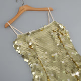 SEQUIN SLIP MIDI DRESS IN METALLIC