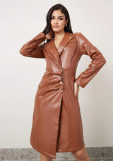 notch lapel leather blazer dress in brown